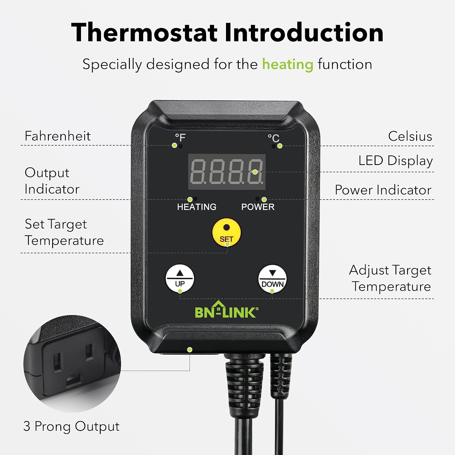 BN-LINK Reptile Thermostat Temperature Controller, Digital Heat Mat Thermostat for Seed Starting, Plant Germination, Greenhouse, Incubator, Brooder, Brewing, Reptiles Tank,40-108°F, 1000W, ETL Listed - Image 3