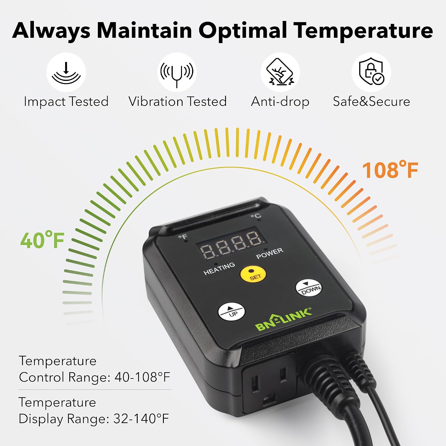BN-LINK Reptile Thermostat Temperature Controller, Digital Heat Mat Thermostat for Seed Starting, Plant Germination, Greenhouse, Incubator, Brooder, Brewing, Reptiles Tank,40-108°F, 1000W, ETL Listed - Image 4