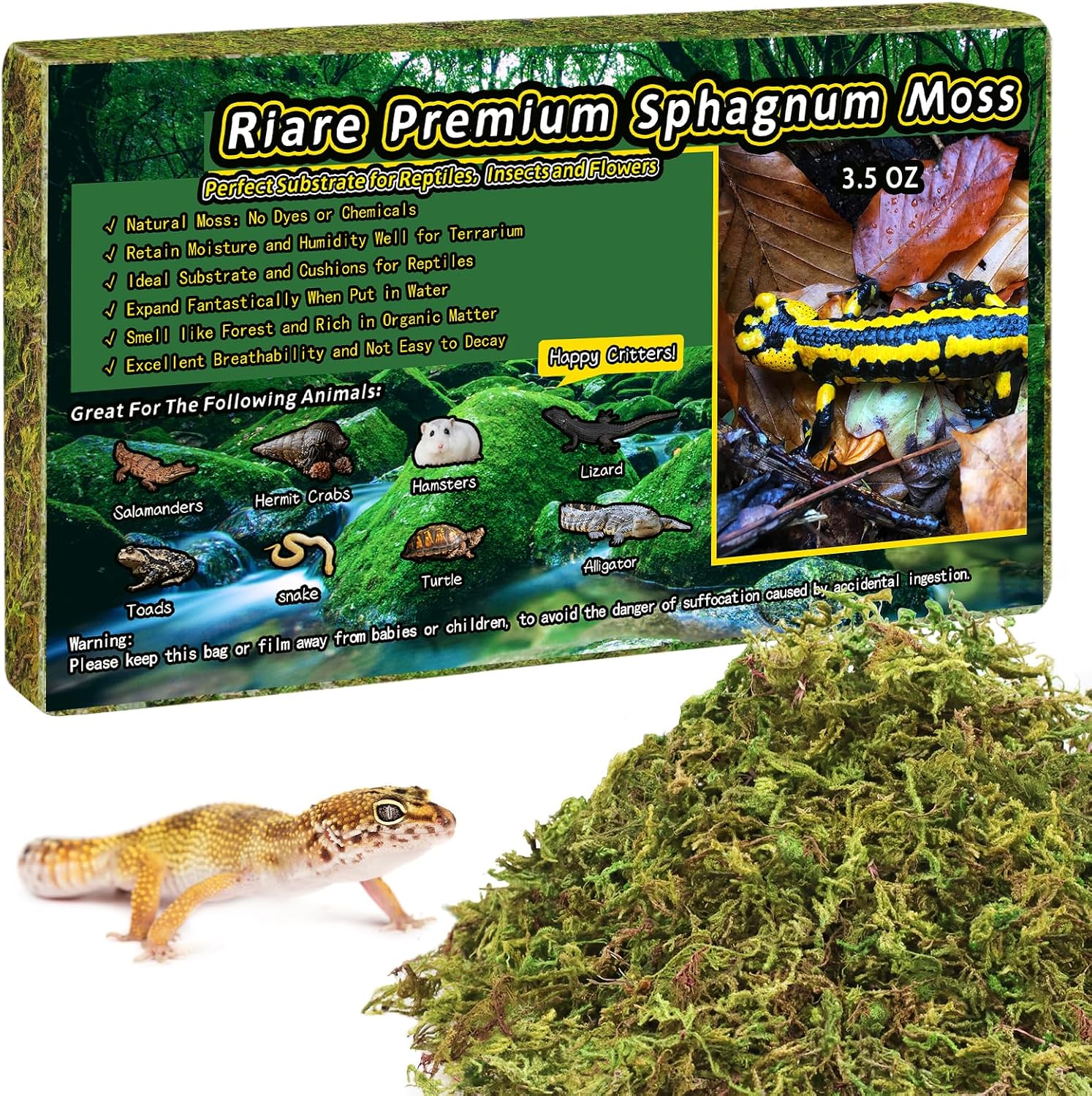 Riare 3.5oz Natural Sphagnum Moss for Reptiles, Terrarium Substrate Bedding | 4QT High Expansion, Moisture Retention, Helps Shedding, Long Fibered Dried Moss for Leopard Gecko, Snake, Frog, Turtle